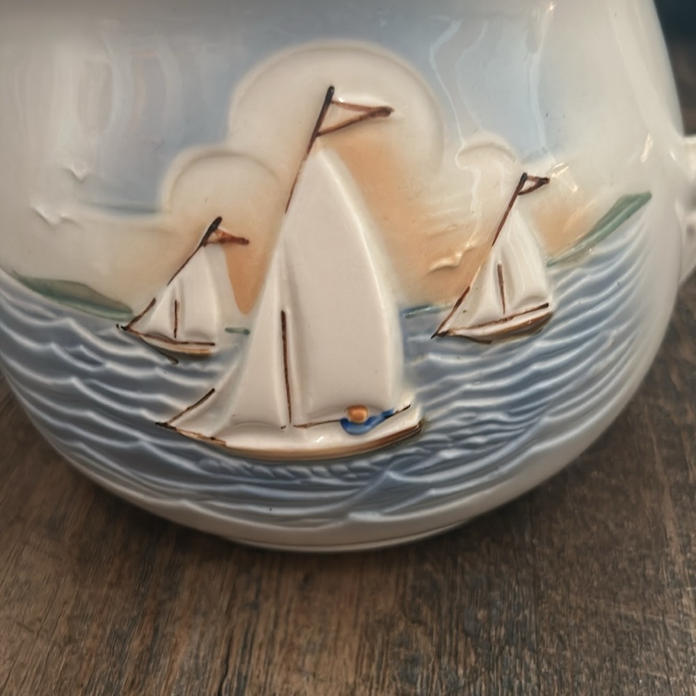 Vintage Porcelier Tea Pot with Lid Sailboat Vitreous China Made in USA Nautical - Picture 2 of 12